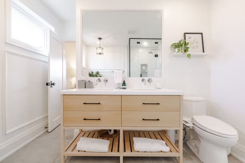 Modern bathroom remodel with glass shower enclosure